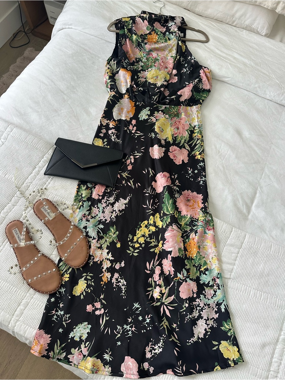 Hello Molly Black Floral Halter Maxi Dress with Pink & Yellow Flowers